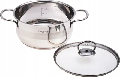 A stainless steel pot with a glass lid is shown against a white background.