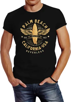 Produktbild von Neverless® Herren T-Shirt Surfing Motiv Vintage Effekt Palm Beach California USA Schriftzug Fashion Streetstyle schwarz M