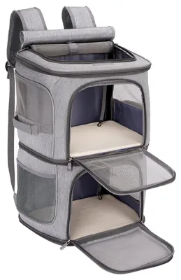Imagen del producto de Mochila doble para gatos, plegable, para 2 gatos o 1 gato grande de hasta 12 kg, con separador, de color gris, ideal para