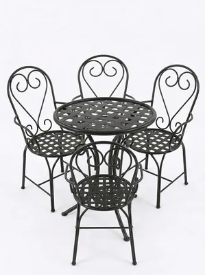 Produktbild von Bistro-Set Metall 5-teilig, 4 Stühle mit Armlehnen und runder Tisch, handgefertigtes Schmiededesign, schwarz, für Garten, Balkon und Terrasse