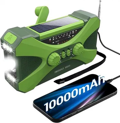 Obrázok produktu pre Ručné solárne rádio – prenosné rádio – prijímač AM/FM – batéria 10 000 mAh – SOS alarm – LED baterka – USB nabíjačka na smartfóny – na kempovanie – zelené