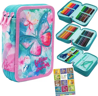Produktbild von Federtasche 3-fache Federmappe Colorino Dreams Schmetterling Federmäppchen 46-teilig gefüllte Schüleretui Stifte und Pinsel inkl. Aufgabenheft Federbox Etui Stiftetasche Schlamper-Etui Schul-Etui