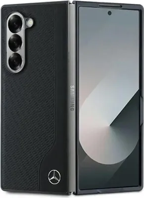 A folded smartphone case with a Mercedes-Benz logo on the front and the phone screen visible on the inside.