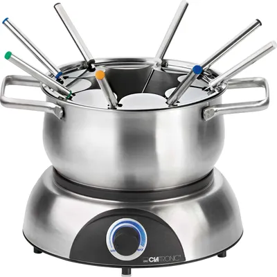 A stainless steel electric fondue pot with eight fondue forks on a white background.