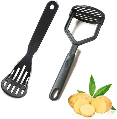 Productafbeelding van Ibenzoa® Aardappelstamper-set, 2-delig – ergonomische, antislip handgreep, vaatwasmachinebestendig, lange handgreep, ideaal voor aardappelen, avocado en babyvoeding