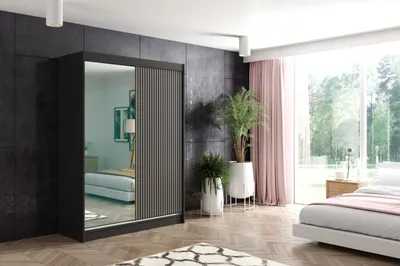 Produktbild von ALTDECOR Kleiderschrank mit Spiegel und Lamel-Schiebetüren, kugelgelagerte Führungsschienen und Aluminium-Leisten - VILO - 150 cm - Schwarz/Lamelle Schwarz