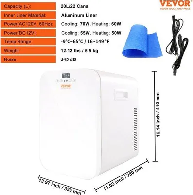 Immagine prodotto di Frigorifero compatto da 20 litri, 12 V, bianco, portatile, da -9 °C a 65 °C, 3 scomparti