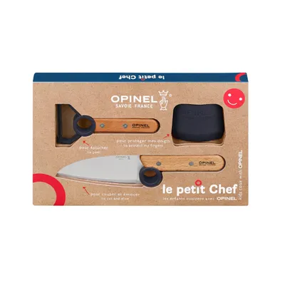 Produktbild von Opinel Kinder Küchen Set – 3-teilig – Holzgriff – Chefmesser, Schäler, Fingerschutz – Le Petit Chef Serie,  France
