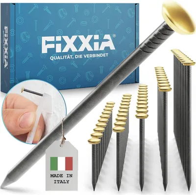 A close-up shot of nails with a box and a tag in the background.