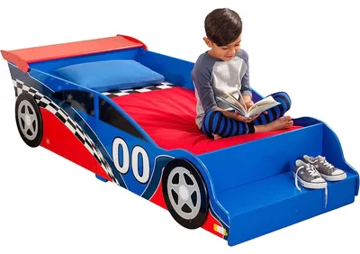 Obrázek produktu pro Dřevěná dětská postel ve tvaru auta, závodní automobil s integrovaným stupínkem a bezpečnostní konstrukcí – MODEL RACE