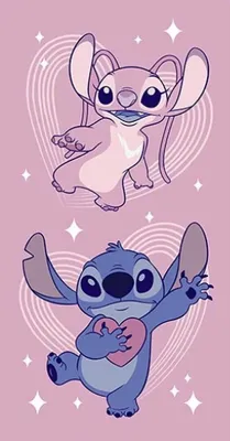 Two cartoon characters, Stitch and Angel, are depicted against a pink background with heart outlines and sparkles.
