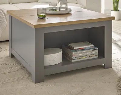 Produktbild von Couchtisch "Rideau" grau Eiche Landhaus Beistelltisch mit Truhe und Ablage 83 x 83 cm