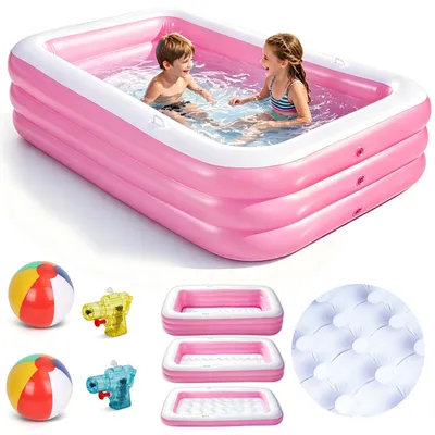 Produktbild von Aufblasbares Kinderpool rechteckig, rosa, mit 2 Strandbällen und 2 Mini-Wasserpistolen, für den Garten