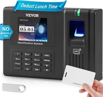 Obrázek produktu pro Časové hodiny VEVOR pro zaměstnance s otiskem prstu, kartami RFID a zadáváním PIN v jednom, samostatné biometrické hodiny Check in Time Clock nástěnné černé barvy