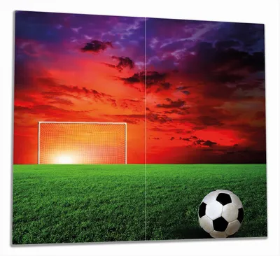 Produktbild von Wallario Herdabdeckplatte aus Glas, Größe 60 x 52 cm 2-teilig, Motiv Fußball - Fußballfeld bei Sonnenuntergang
