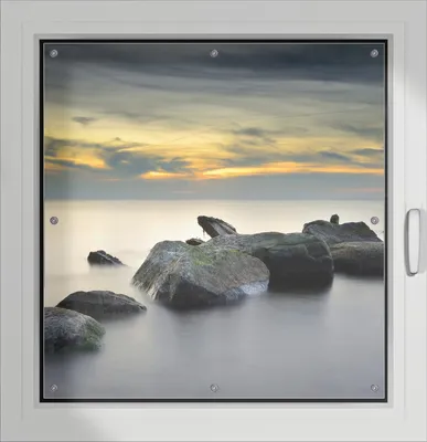 Produktbild von Wallario Lichtschutzbild, Dekorativer Sichtschutz Sonnenschutz 96 x 100 cm mit Motiv: Mystische Felsen im Meer - Verdunklung ohne Bohren