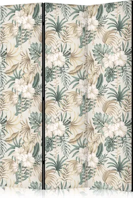 Produktbild von Neuheit! Dekorativer Paravent Raumteiler Trennwand Foto-Paravent Spanische Wand XXL 135x172 cm Tropisch Blätter weiß Blumen a-A-0093-z-b