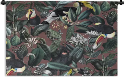 Produktbild von MuchoWow® Wandteppich Wandbehang Blumen - Tukan - Blätter 60x40 cm Tapisserie Dekoration Wandtuch - Wanddekorationen