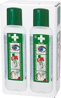 Produktbild von 2 Augenspülflaschen im Karton mit je 500 ml steriler Natriumchloridlösung (0,9%)