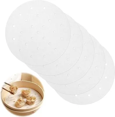 Image de 200 pièces de papier Dim Sum papier de cuisson perforé - parchemin rond papier de cuisson vapeur - papier de cuisson vapeur pour tapis vapeur bambou - panier vapeur pain 20 cm blanc