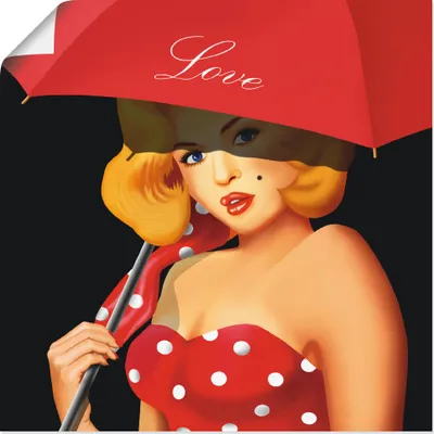 Produktbild von ARTland Poster Pin-Up Girl unter rotem Regenschirm Größe: 70x70 cm