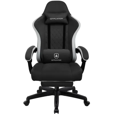 A black and gray gaming chair with a headrest and lumbar pillow.