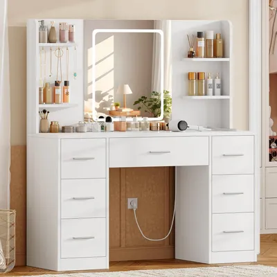 Image de Table de maquillage avec éclairage LED et prises électriques, 7 tiroirs, 4 étagères ouvertes, 5 crochets pour bijoux, blanche