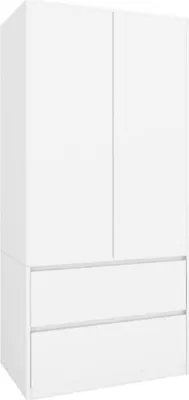 Produktbild von SerwisBox Moderner Kleiderschrank in Weiß, 90cm Breit, 180cm Hoch, Laminierte Platte, 2 Schubladen, 2 Türen mit Kleiderstange und Einlegeböden