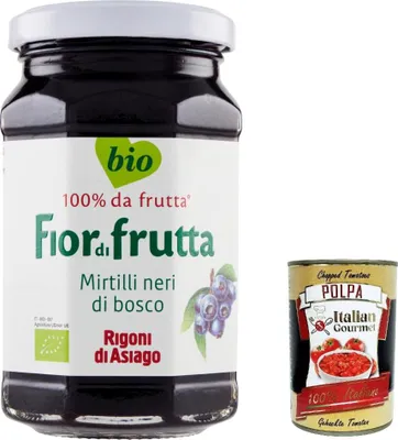 Produktbild von Rigoni di Asiago 6x 250g - Fiordifrutta Fruchtaufstrich - Schwarze Blaubeeren -Aufstrich, Marmelade Konfitüre Brotaufstriche Original aus Italien + Italian Gourmet polpa 400g