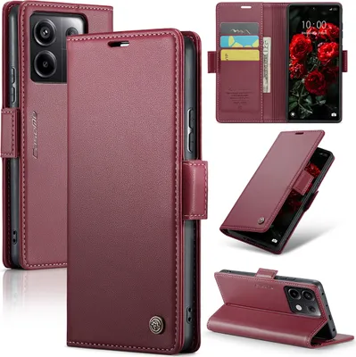 A collage of images showcasing a red leather wallet-style phone case for a Xiaomi Redmi Note 13 Pro 5G.