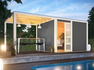 Produktbild von Karibu Gartenhaus Gerätehaus Qubic 2 im Set mit Anbaudach  terragrau 542,5x276x214 cm