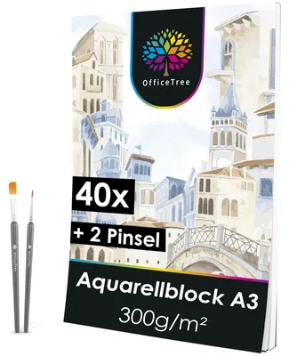 Produktbild von OfficeTree 40 x Aquarellpapier A3 300g - Aquarellblock mit Pinsel - Acrylpapier