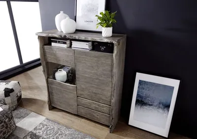 Produktbild von MASSIVMOEBEL24 Highboard Akazie 131x45x147 grau lackiert  PURE ACACIA #903