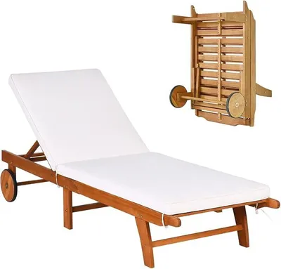 Imagen del producto de Tumbona de madera para jardín, plegable con ruedas, tumbona de madera para exteriores