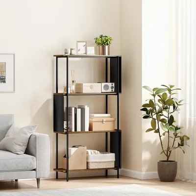 Image de Étagère bibliothèque avec structure en acier incurvée, modèle autoportant avec 4 niveaux, design industriel, couleur marron | 80 x 30 x 141 cm | Capacité de charge : 80 kg | Fabriquée en MDF et en acier