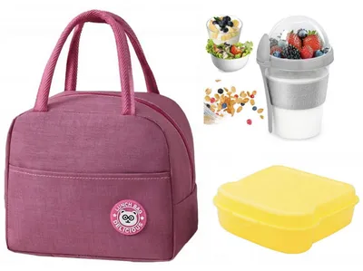 Immagine prodotto di Set per il pranzo: borsa termica, contenitore per panini e bicchieri per cereali/yogurt (set da 3 pezzi).