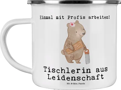 Produktbild von Mr. & Mrs. Panda Tasse Emaille Tischlerin Leidenschaft - Weiß - Geschenk, emaillebecher, Kaffeepott, Teetasse, Becher