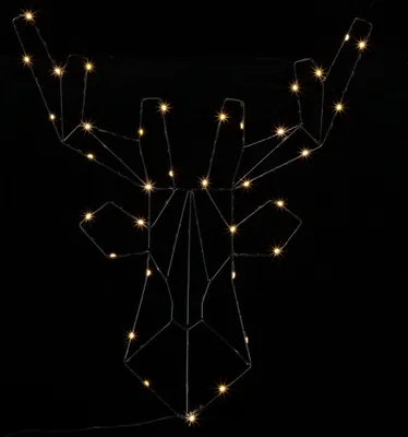 A wireframe reindeer head decoration with LED lights against a black background.