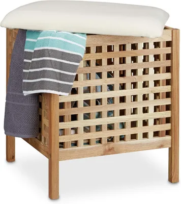 Image de Tabouret de salle de bain avec panier à linge et coussin - Banc avec rangement, dimensions 52 x 49 x 49 cm - Bois de noyer - Aspect naturel