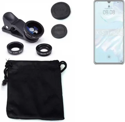 Produktbild von K-S-Trade Smartphone Kamera Linsen Set Kompatibel mit Huawei P30 Pro 3in1 Clip-On Kamera Adapter Macro Weitwinkel FishEye Fischauge Objektiv Linse