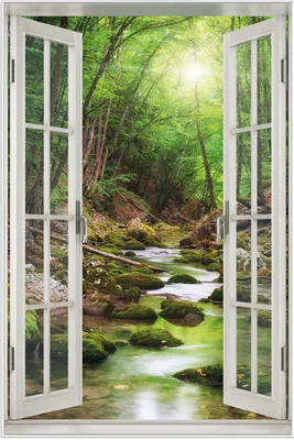 Produktbild von Wallario Wandbild mit Fenster-Illusion: Fluss im Wald, Größe: 61 x 91,5 cm, Poster mit weißem Aluminiumrahmen