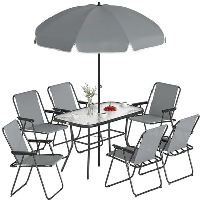 Produktbild von Gartenm?belset, Terrassenlounge, Glastisch 119 x 68 cm mit 6 Klappstš¹hlen, Sonnenschirm, Wellenmuster, grau