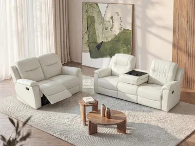 Produktbild von 3-Sitzer und 2-Sitzer Sofa mit Relaxfunktion EVASION in Leder - weiß elfenbein - mit Stehtisch