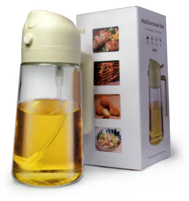 Ölspender Glasflasche 400 ml Sprüher Ausgießer grau weiß