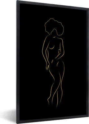 Produktbild von MuchoWow® Gerahmtes Poster Frau - Gold - Schwarz - Strichzeichnung 60x90 cm - Poster mit Schwarzem Bilderrahmen Wandposter Rahmen Foto Bilder - Kunst