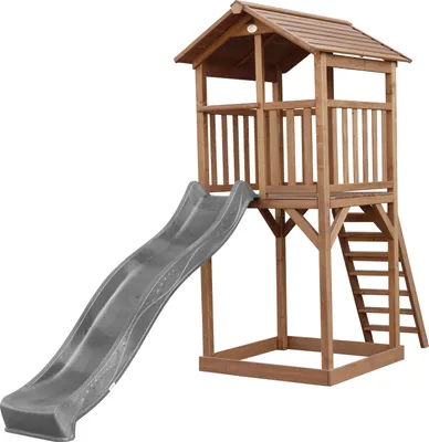 Immagine prodotto di AXI Beach Tower parco giochi in legno in marrone | Torre di gioco per bambini con sabbiera e scivolo grigio | Casa per bambini su palafitte per il giardino
