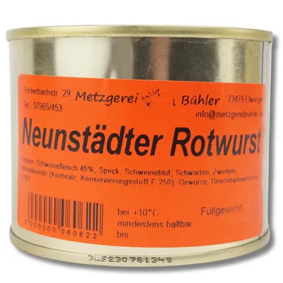 Produktbild von Schwäbische Neunstädter Rotwurst Dosenwurst - Wurstkonserve | Metzgerei Bühler – 300g