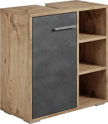 Image de Meuble vasque Neptunus - Chêne châtaignier avec gris - 60 x 28 x 60 cm - Meuble de salle de bain, colonne, armoire