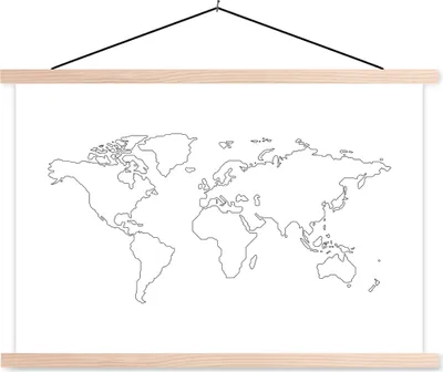 Produktbild von MuchoWow® Textilposter Weltkarte - Einfach - Schwarz - Weiß 60x40 cm mit holzfarbenen Rahmen - Bilder