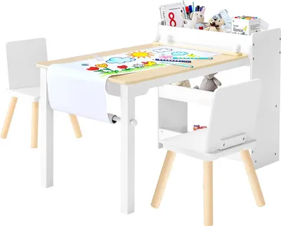 Immagine prodotto di Set tavolo per bambini - Set di sedie per bambini - Con 2 sedie - Scaffale a 3 ripiani - Tavolo da disegno e da bricolage - Per camerette e asili nido - Bianco